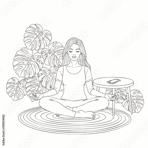 Mindful woman meditating in lotus pose surrounded by lush Monstera plants, practicing digital detox with smartphone on side table, line art illustration for coloring book.