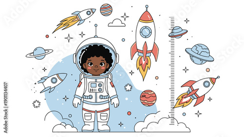 Engaging kids height chart illustration featuring a cheerful boy astronaut surrounded by planets, rockets, and stars in outer space.