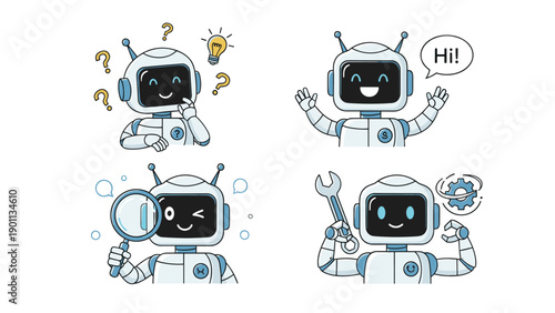 Collection of cartoon robots displaying various emotions and actions, including thinking, happiness, searching, and maintenance tasks.