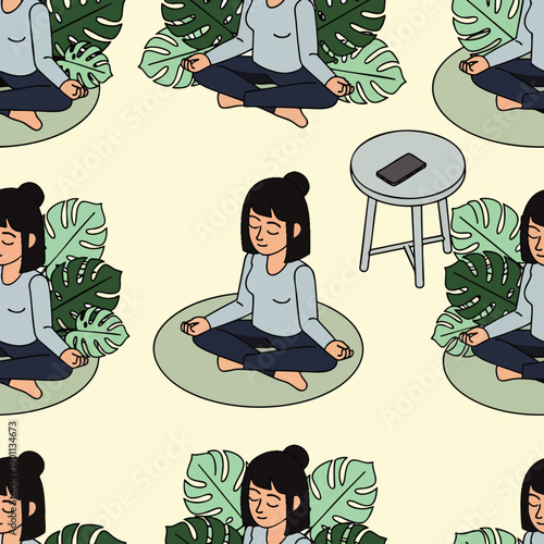 Seamless pattern of a peaceful woman meditating in lotus pose, surrounded by tropical leaves, promoting mindfulness, relaxation, and digital detox.