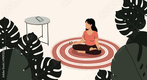 Peaceful woman meditating in a calm home environment, practicing mindfulness and yoga for inner balance, stress relief, and mental wellness surrounded by green plants.