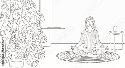 Peaceful woman meditating in lotus pose at home, surrounded by a lush monstera plant, promoting mindfulness, wellness, and inner calm. Vector line art.