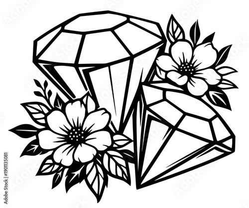 Elegant Diamond and Floral Bouquet Vector Illustration - Sparkling Gemstone Silhouette with Delicate Flowers - Luxury Graphic for Jewelry and Wedding Designs