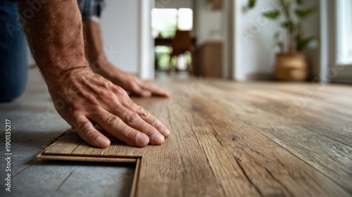 Hands installing wooden floor at home interior