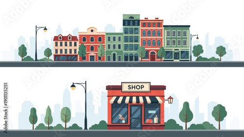Lively cityscape illustration showcasing a row of diverse buildings and a charming storefront with a 'SHOP' sign, reflecting urban life.