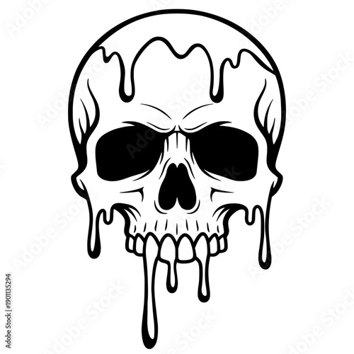 Spooky Dripping Skull Vector Illustration - Grinning Skeleton Head Silhouette with Melting Liquid Effect - Edgy Gothic Graphic for Halloween and Rock Apparel
