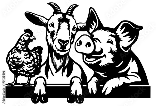 Happy Farm Animals Peeking Vector Illustration - Cute Goat, Pig, and Chicken Silhouette - Rustic Barnyard Graphic for Farmhouse Decor and Children's Designs