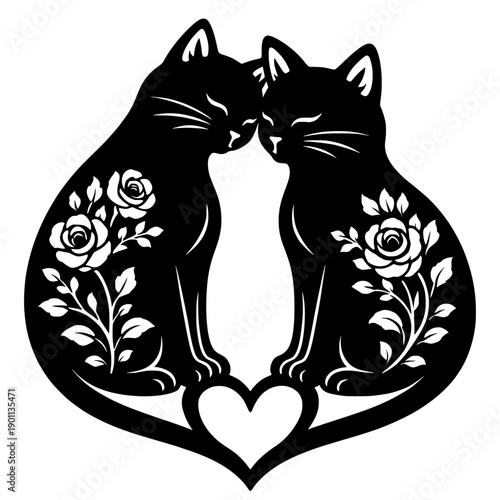 Romantic Floral Cats Heart Vector Illustration - Cute Feline Silhouette with Roses and Heart Tail - Whimsical Pet Lover Graphic for Valentine's and Wedding Art