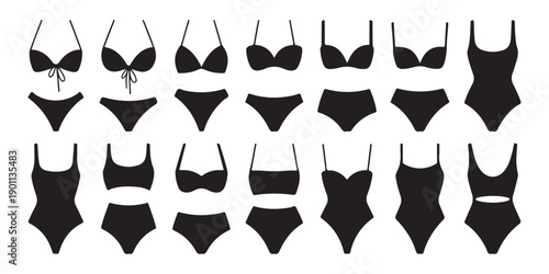 Bikini and swimsuit silhouette icons set including one piece and two piece beachwear designs vector elements