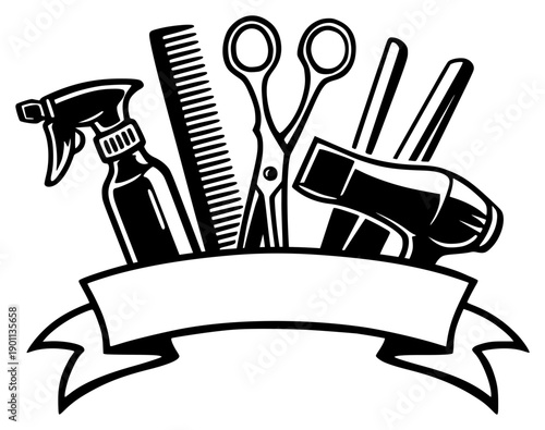 Professional Hair Stylist Tools Vector Logo - Barber Shop Silhouette with Scissors, Comb, and Hairdryer - Elegant Beauty Salon Graphic with Text Ribbon Banner