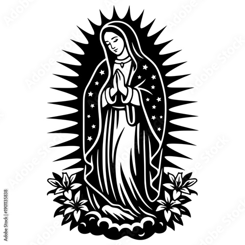 Our Lady of Guadalupe Virgin Mary Vector Illustration - Catholic Religious Silhouette with Mandorla and Flowers - Sacred Spiritual Graphic for Christian Art
