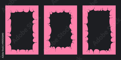 Abstract puffy cloud borders. Cartoon bubble cloud frames, contemporary organic figures flat vector illustration set. Pink chubby frames on white