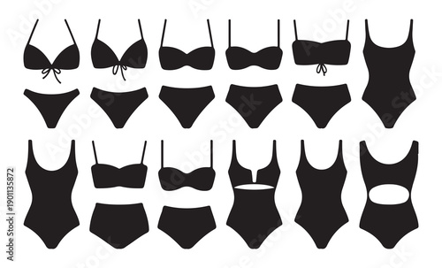 Black silhouette swimsuit icons isolated on white background collection of one piece and two piece swimwear