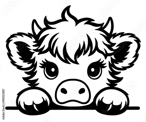 Adorable Peeking Highland Cow Vector Illustration - Fluffy Scottish Cattle Calf Silhouette - Cute Farmhouse Decor Graphic for Nursery and Rustic Country Design
