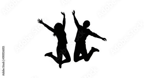 Two People Silhouetted Jumping in the Air with Arms Raised.