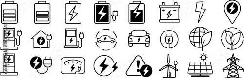 EV Battery & Clean Energy Icons – Electric Vehicle Power, Renewable Energy Line Icons