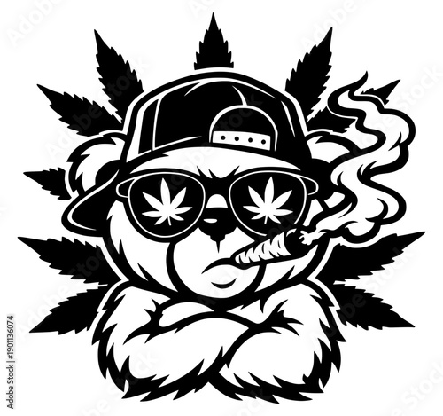 Cool Rasta Bear Smoking Joint Vector Illustration - Stoner Bear with Sunglasses and Weed Leaves - Edgy Cannabis Graphic for 420 Culture and Streetwear Art