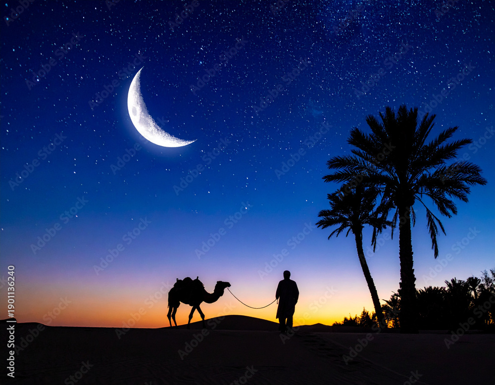 Fototapeta premium Pengembara gurun dengan unta di bawah bulan sabit. Konsep Ramadan, Islam