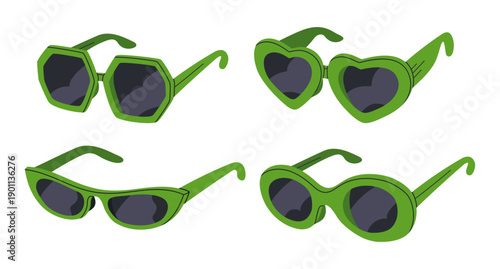 Cartoon sunglasses. Trendy green plastic shades frames, fashion eyewear accessories flat vector illustration set. Fashionable stylish sunnies collection