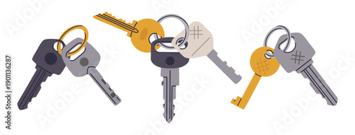Cartoon key bunches. Apartment or house door keys, door key bunches flat vector illustration set. Simple real estate property keys on white