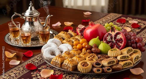 Traditional Middle Eastern dessert platter with baklava cookies and fresh fruit alongside a silver teapot and glasses on a dark wooden table arabic