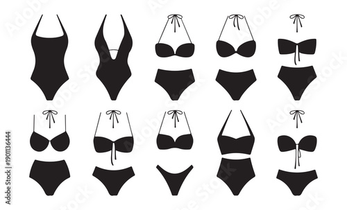 Swimwear vector icons set isolated on white background. flat vector illustration collection of swimsuits and bikinis