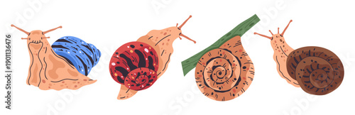 Cute snails. Cartoon slow little slugs inside spiral snail shell, garden gastropod snail flat vector illustration set. Colorful snail animals on white