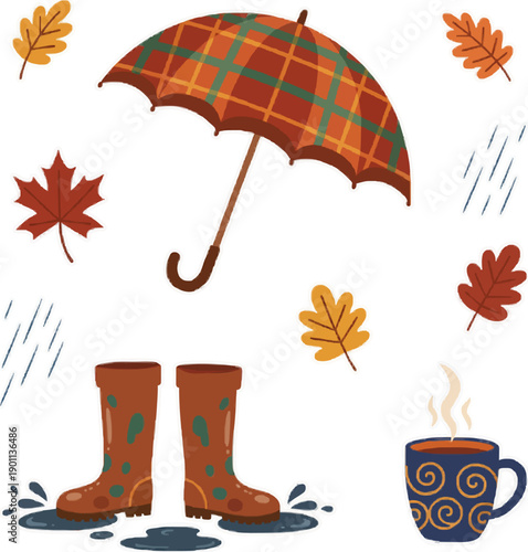 Autumn rainy day essentials umbrella boots rain drops watercolor fall weather seasonal illustration cozy outdoor accessories design elements