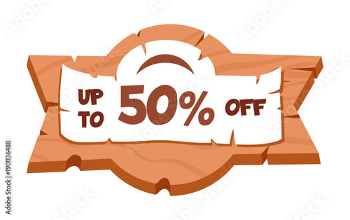 Discount wood board. Cartoon wooden sign board, paper placard with sale advertising on wood sign flat vector illustration. Hanging special offer sign on white