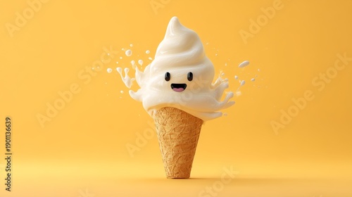 Melting Ice Cream with Happy Smiling Face, Playful Cute Food Character, Bright Clean Commercial Aesthetic with Simple Background and Wide Negative Space for Modern Advertising Illustration
