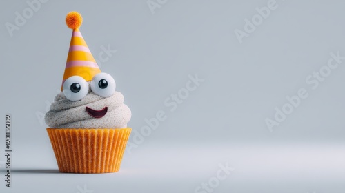 Playful Cupcake Wearing Party Hat with Cheerful Cartoon Face, Surreal Absurd Food Character, Clean Minimal Background with Large Copy Space for Modern Commercial Advertising Illustration