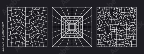 Geometric wireframe grids. Abstract mesh frames, trendy graphic grid shapes flat vector illustration set. Mesh shapes collection