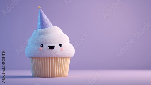 Playful Cupcake Wearing Party Hat with Cheerful Cartoon Face, Surreal Absurd Food Character, Clean Minimal Background with Large Copy Space for Modern Commercial Advertising Illustration