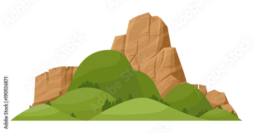Green mountains. Cartoon nature landscape mountain silhouette, green hill tops and rocky range flat vector illustration. Mountain peak on white background