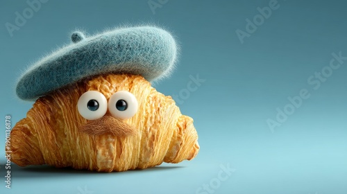 Playful Croissant Wearing Beret with Charming Facial Expression, Whimsical Food Character, Clean Minimal Background with Wide Copy Space for Elegant Commercial Advertising Illustration
