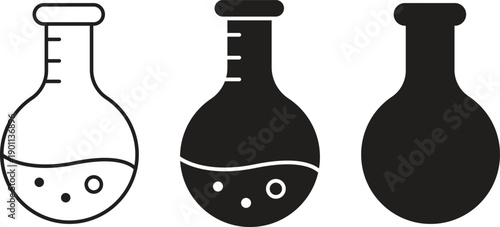 Scientific laboratory chemistry boiling flask beaker glassware for research and experiment Vector Silhouette and Pictogram Icon Set.eps