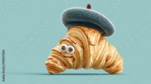 Playful Croissant Wearing Beret with Charming Facial Expression, Whimsical Food Character, Clean Minimal Background with Wide Copy Space for Elegant Commercial Advertising Illustration