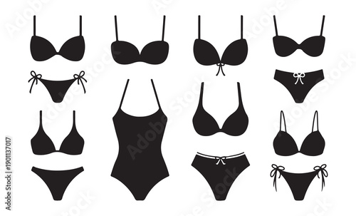 Set of black bra and panty icons on white background underwear and lingerie collection vector