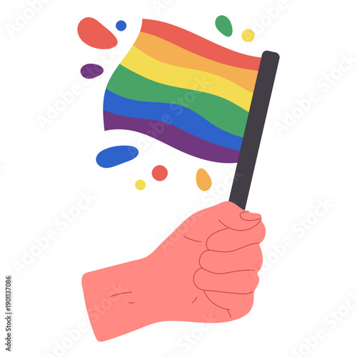 Hand holding gay pride rainbow flag. Cartoon human hand with rainbow lgbt movement flag flat vector illustration. Symbol of sexual minorities in hand on white background