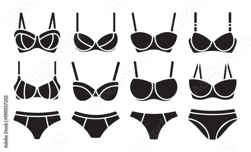 Woman underwear set with various bra and panties styles icons collection black silhouette vector illustration