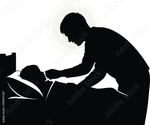 Tender moment of a man tucking in a sleeping child at night