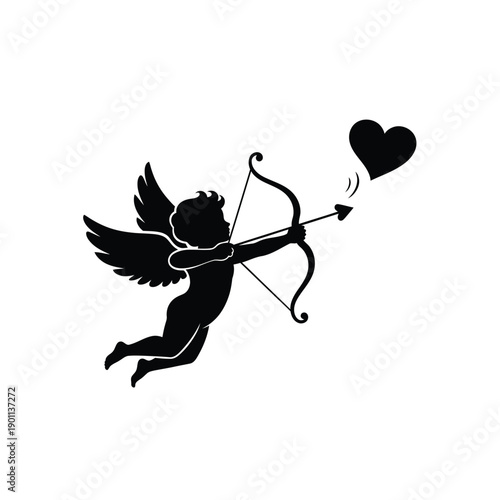 Classic silhouette of Cupid, the mythological Roman god of love, gracefully aiming his arrow towards a symbolic heart, embodying romance, affection, and passion in a timeless design