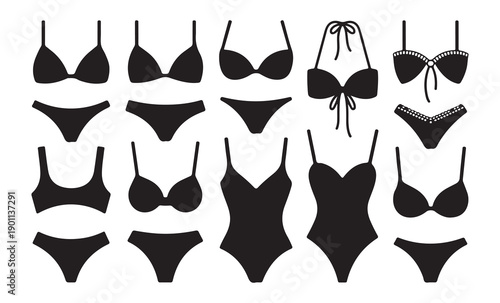Black icons of lingerie swimwear and underwear set isolated on white background vector art