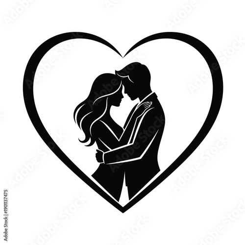 Elegant Silhouette of a Romantic Couple Embracing within a Heart Shape, Symbolizing Love and Devotion
