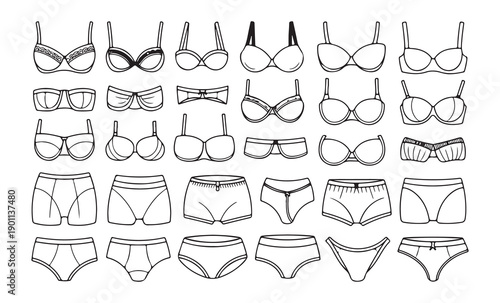Hand drawn lingerie and underwear doodle icons featuring various bra and panties line art sketches collection