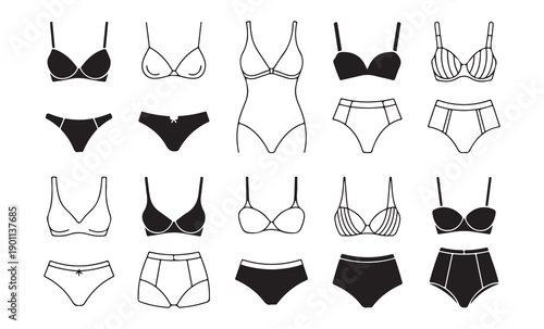 Set of lingerie and swimsuit icons doodle style isolated on white background with black fill and transparent outline