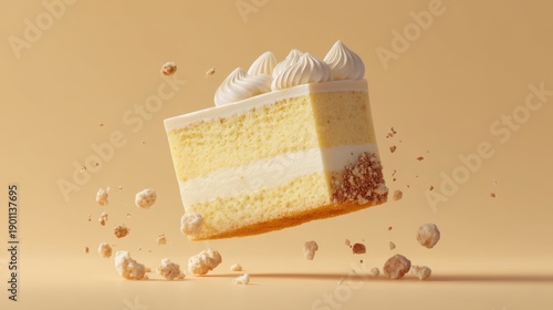 Elegant Cake Slice Levitating Mid-Air with Floating Crumbs and Cream, Gravity-Defying, Minimal Clean Background, Cinematic Lighting and Large Copy Space for Refined Playful Commercial Illustration