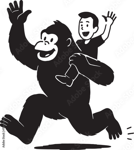 A Kong carry a kid on his shoulder and run in happy mood  in black and white silhouette with transparent background 