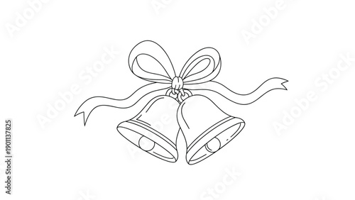 An elegant black and white line drawing of two classic wedding bells, beautifully tied together with a flowing bow and ribbons.