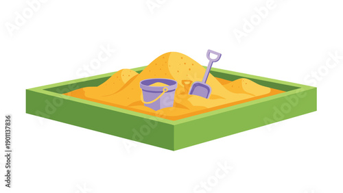 A vibrant green square sandbox filled with soft golden sand, complete with a playful purple bucket and shovel.